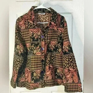Vintage CM Shapes Tapestry Jacket Black Floral Leopard Pattern Long Sleeve